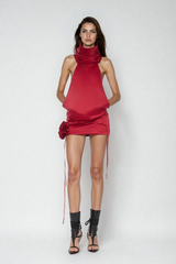 Diyan Funnel Neck Backless Flower Mini Dress