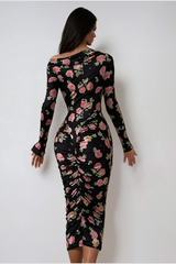 Dominiks Floral Bodycon Ruch Midi Dress In Black