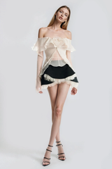 Dulf Off Shoulder Flower Ruffle Skirt Set