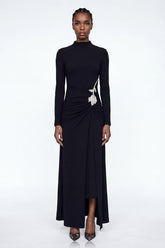 Adobe Long Sleeve Rhinestone Flower Maxi Dress In Black