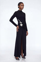 Adobe Long Sleeve Rhinestone Flower Maxi Dress In Black
