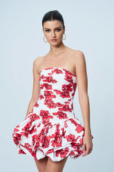 Americus Floral Ruch Strapless Mini Dress In Red