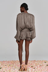 Aminah Balloon Sleeve Ruch Ruffle Mini Dress In Brown