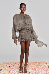 Aminah Balloon Sleeve Ruch Ruffle Mini Dress In Brown