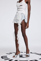 Antonia Lace Fringe Lace Up Short Jeans In Blue