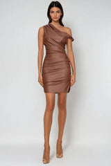 Aquaria Ruch Twist Asymmetric Leather Mini Dress In Brown