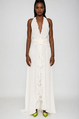 Aradhya Flower Ruffle Halter Neck Mesh Maxi Dress In White