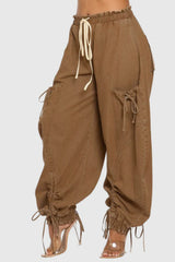 Astrid Drawstring Lace Up Jeans In Khaki
