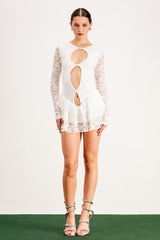 Balendin Lace Cutout Mesh Mini Dress In White
