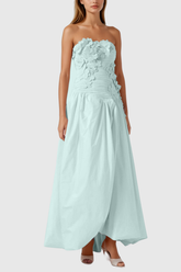 Batsheva Strapless Flower Ruch Puffy Maxi Dress In Green