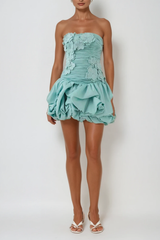 Batsheva Strapless Flower Ruch Puffy Mini Dress
