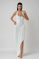 Bellamy Halter Neck Asymmetric Ruch Maxi Dress