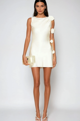 Berit Satin Flower Strap Mini Dress In White