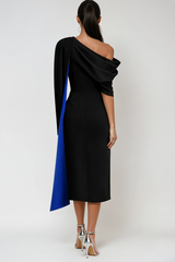 Candidus Shawl Ruch Asymmetric Midi Dress In Black
