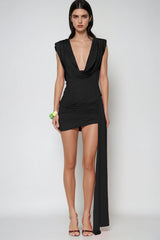 Claritia Cowl Neck Fringe Mini Dress In Black
