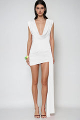 Claritia Cowl Neck Fringe Mini Dress In White