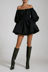 Daoud Off Shoulder Ruch Mini Dress In Black