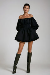 Daoud Off Shoulder Ruch Mini Dress In Black