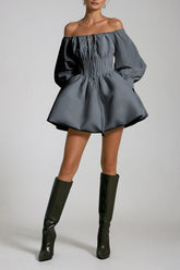 Daoud Off Shoulder Ruch Mini Dress In Grey