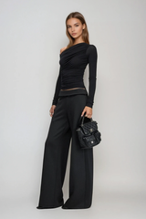 Darell One Shoulder Ruch Long Sleeve Top In Black