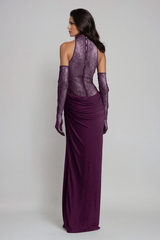 Darleen Cowl Neck Ruch Lace Maxi Dress In Purple