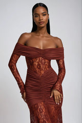 Darlene Strapless Ruch Lace Maxi Dress