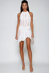 Davion Halter Neck Ruch Asymmetric Mini Dress In White