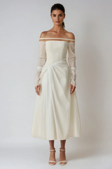 Deivids Off Shoulder Ruch Mesh Midi Dress