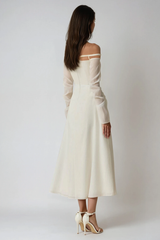 Deivids Off Shoulder Ruch Mesh Midi Dress