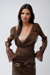 Desideria Cowl Neck Glitter Ruch Top In Brown