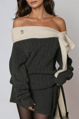 Devi Off Shoulder Bow Knit Mini Dress In Grey