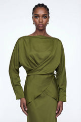Diamantina Long Sleeve Ruch Skirt Set In Green