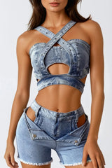 Dori Crop Denim Pants Set