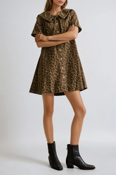 Dragutin Lapel Denim Leopard Mini Dress In Brown