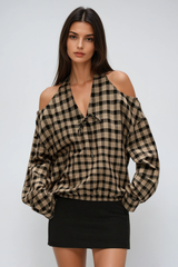 Dre Long Sleeve Cutout Grid Top