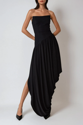 Dru Strapless Asymmetric Draped Maxi Dress In Black