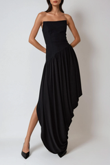 Dru Strapless Asymmetric Draped Maxi Dress In Black