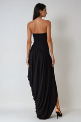 Dru Strapless Asymmetric Draped Maxi Dress In Black
