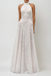Du Halter Neck Floral Lace Maxi Dress