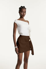 Ediz Asymmetric Ruch Skirt Set In Brown