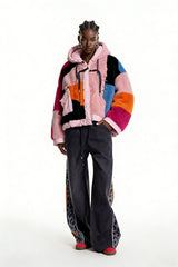 Eemeli Faux Fur Deconstruct Colorblock Jacket In Pink