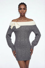 Eliso Off Shoulder Bow Knit Dress In Grey