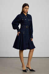 Emerentius Balloon Sleeve Denim Mini Dress In Dark Wash