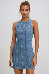 Fatemah Sleeveless Lace Up Denim Mini Dress