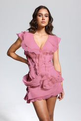 Maura V Neck Ruffle Asymmetric Mini Dress In Pink