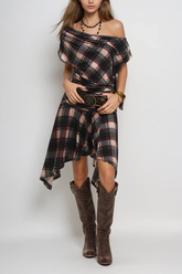 Waldo Grid One Shoulder Asymmetric Midi Dress