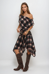 Waldo Grid One Shoulder Asymmetric Midi Dress