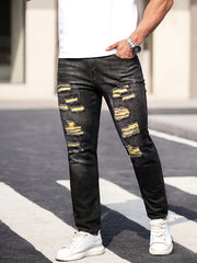 Men'S Black Jeans; Ripped Stretchy Denim Trousers; Casual Fashionable Yellow Ripped Pants