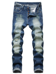 Men's Distressed Blue Denim Jeans with Ripped Detailing and Button Fly - Casual Straight-Leg Pants for Casual Attire, Everyday Jeans | Classic Button Fly | Quality Stitching
