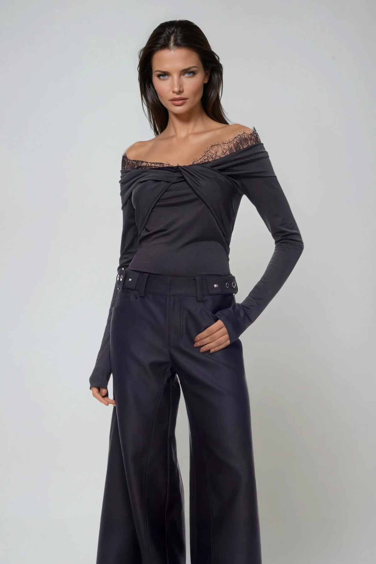 Dugald Lace Off Shoulder Twist Top In Black